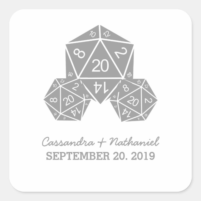 Gray D20 Dice Wedding Stickers (Vorderseite)