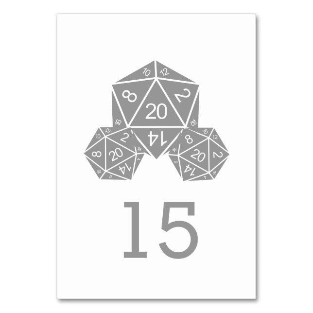 Gray D20 Dice Wedding Table Card Tischnummer (Vorderseite)