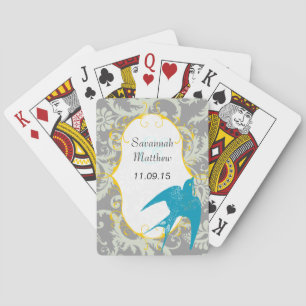 Gray Damask Aquamarin Sparrow Wedding Card Spielkarten