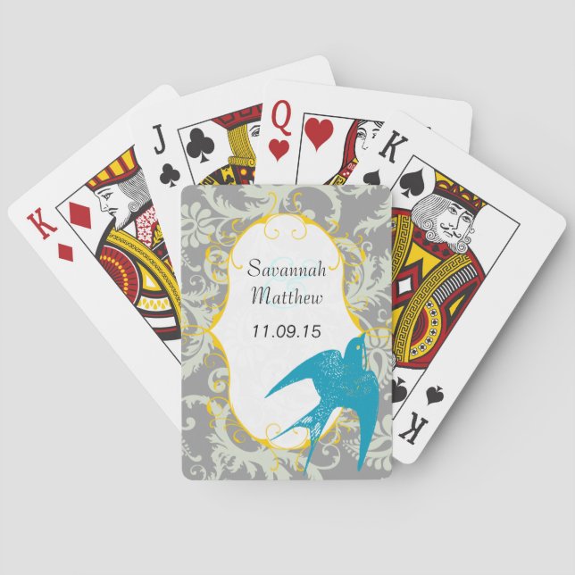 Gray Damask Aquamarin Sparrow Wedding Card Spielkarten (Rückseite)