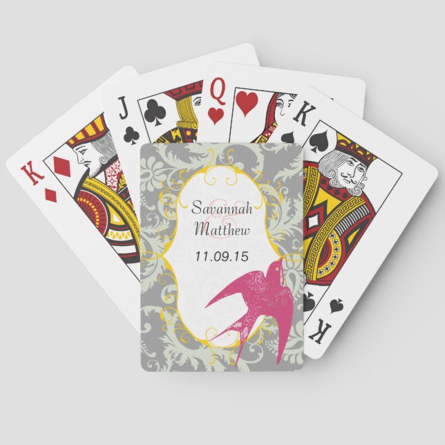Gray Damask Fuchsia Sparrow Wedding Card Spielkarten (Rückseite)