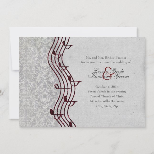 Gray Damask Musique rouge Élégante invitation à se (Devant)