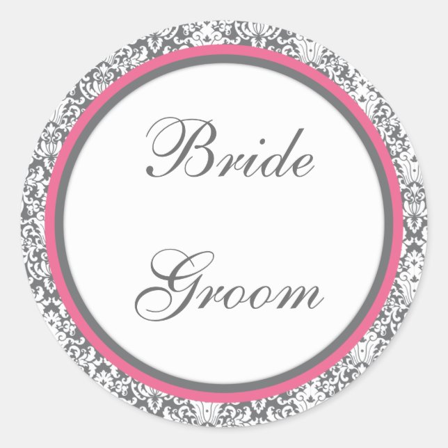 Gray Damask (rosa) Hochzeitsticker Runder Aufkleber (Vorderseite)