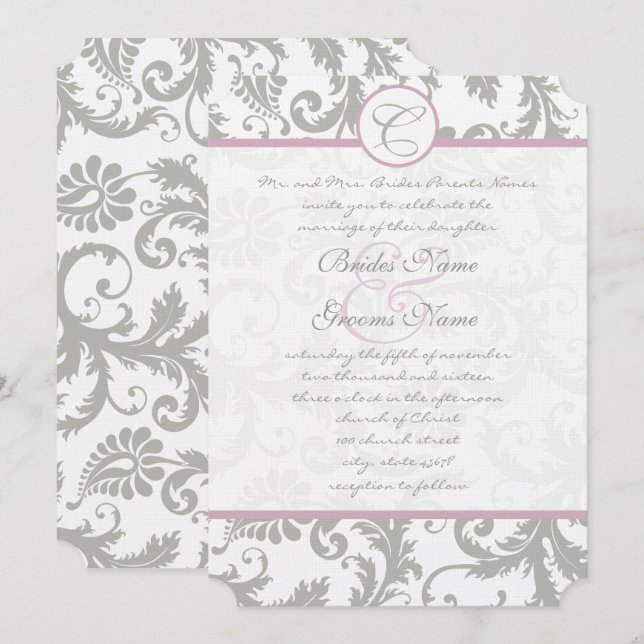 Gray Damask Sweet Lilac Mariage Invitations (Devant / Derrière)