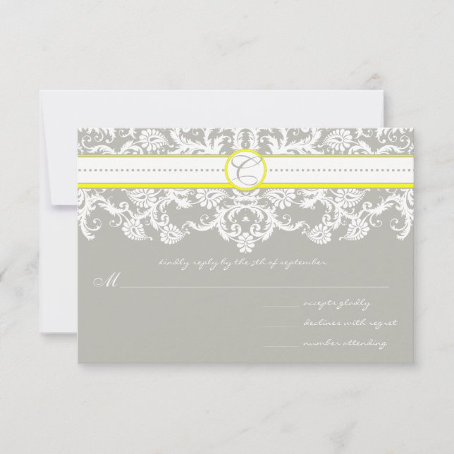 Gray Damask Wirbel Bright Yellow Wedding RSVP (Vorderseite)