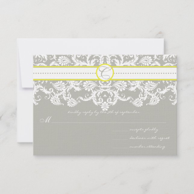 Gray Damask Wirbel Bright Yellow Wedding RSVP Karte (Vorderseite)