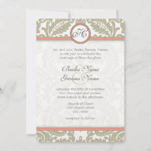 Gray Damask with Coral & Greige Wedding Einladung