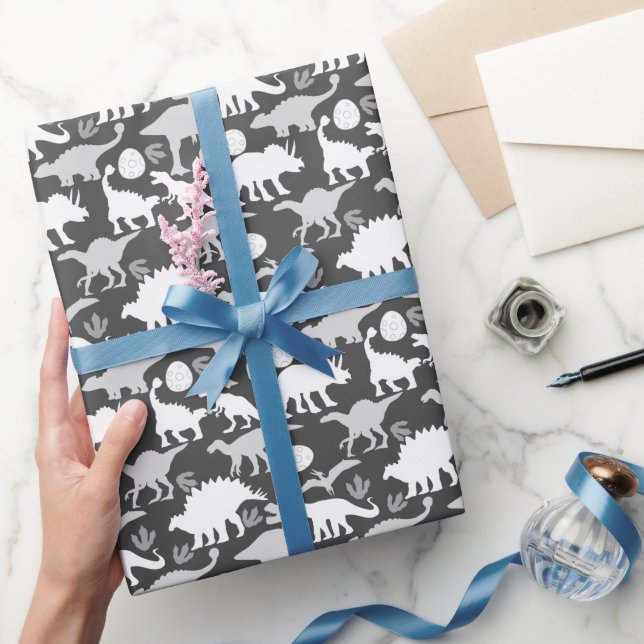 Gray Dino Pattern D Gray BG Geschenkpapier (Schenken)