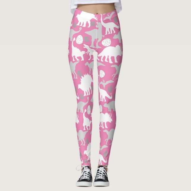 Gray Dino Pattern L Pink BG Leggings (Vorderseite)