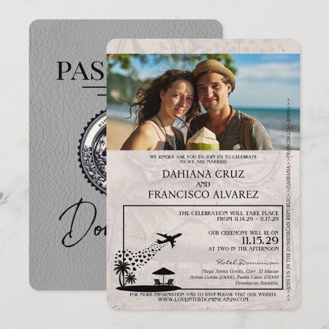 Gray Dominican Republic Passport Wedding Einladung (Vorne/Hinten)
