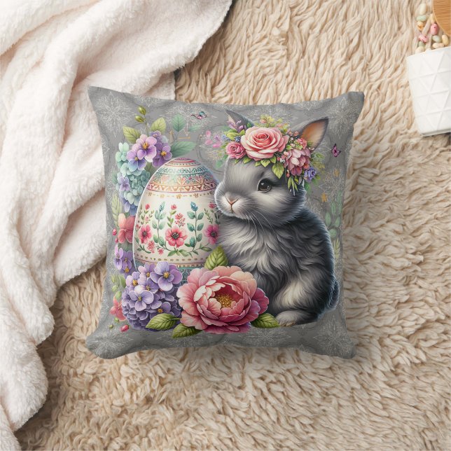 Gray Easter Bunny Damask Pattern Throw Pillow Kissen (Decke)