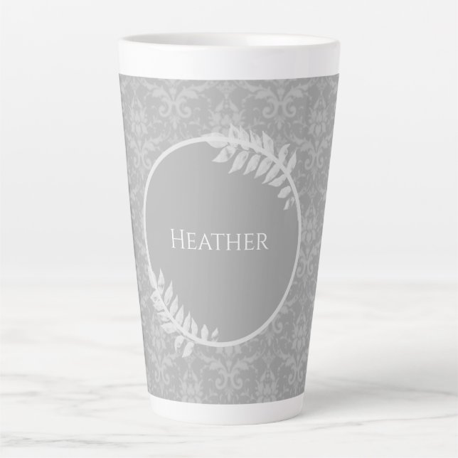 Gray Elegant Damask Personalisierte Latte Tasse (Vorderseite)