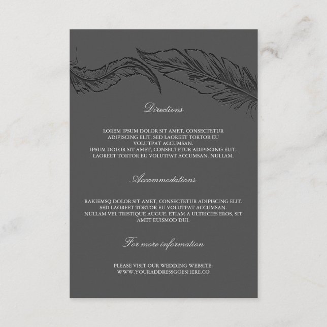Gray Elegant Feathers Wedding Details Begleitkarte (Vorderseite)