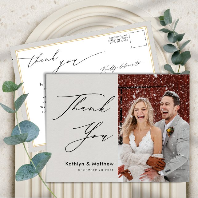 Gray Elegant Script Modernes Foto Hochzeit Vielen  Postkarte (Von Creator hochgeladen)