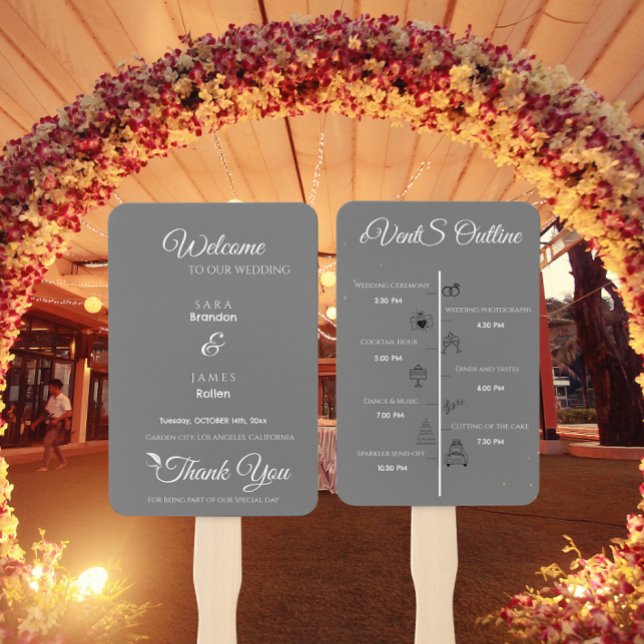 Gray Elegant Script Wedding Program und Timeline Fächer (Von Creator hochgeladen)