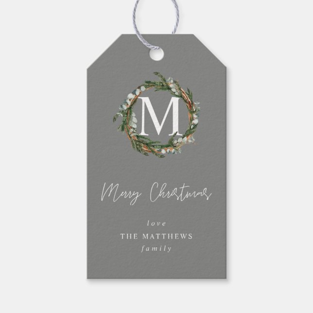 Gray Eucalyptus Wreath Monogram V2 Geschenkanhänger (Vorderseite)