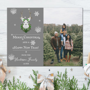 Gray Festive Reindeer Holiday Foto Card Feiertagskarte