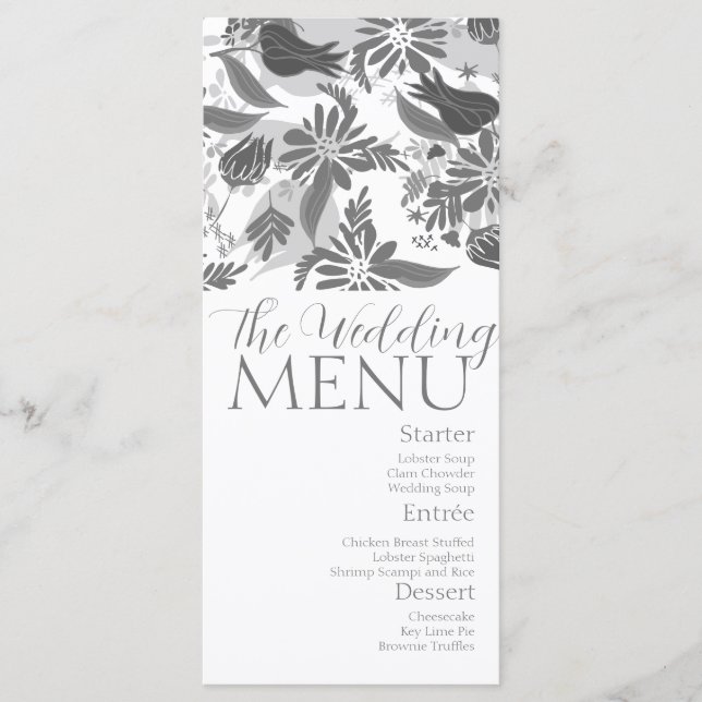 Gray Florals Rose Garden Wedding Menu Menükarte (Vorderseite)