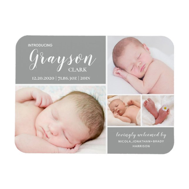 Gray Foto Collage Baby Birth Announcement Magnet (Horizontal)