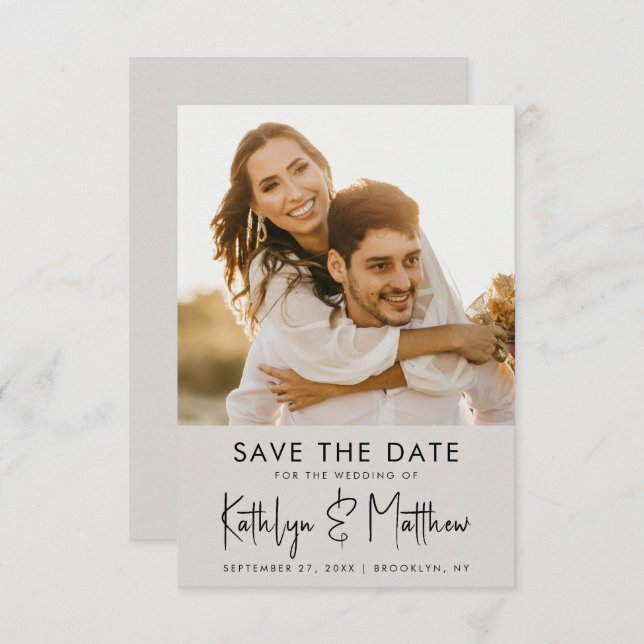 Gray Fun Script Modernes Foto Minimalistische Hoch Save The Date (Vorne/Hinten)