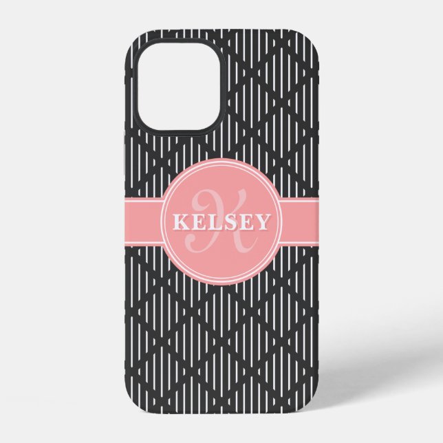 Gray Geometric Line Diamond Muster Pink Monogram iPhone 12 Hülle (Rückseite)
