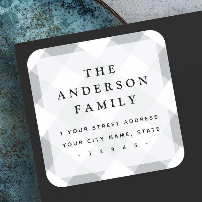 Gray Gingham Schachbretts Eleganz Rücksendeadresse Quadratischer Aufkleber (Gray gingham checkers elegant return address square sticker)