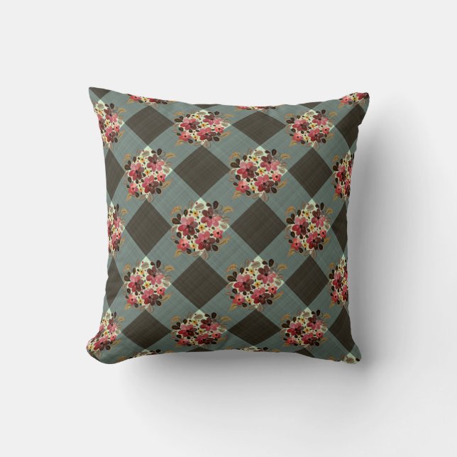 Gray Gingham und Burgund Floral Country Kissen (Vorderseite)
