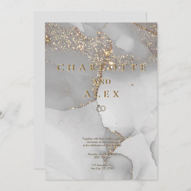 Gray Glitter Chic Alcohol Ink Wedding Invitation (Devant / Derrière)