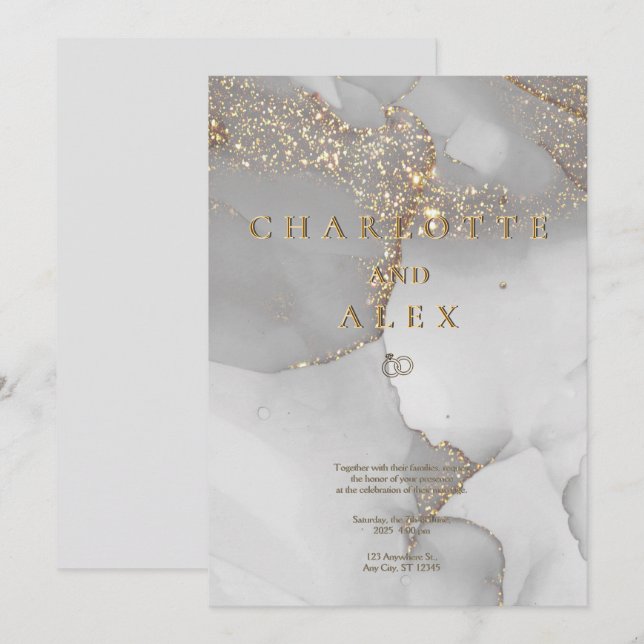 Gray Glitter Chic Alcohol Ink Wedding Invitation Einladung (Vorne/Hinten)