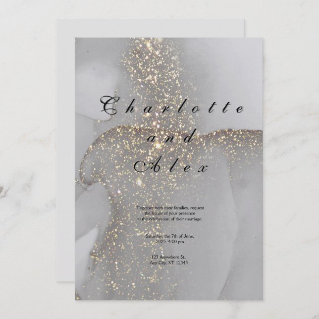 Gray Glitter Elegant  Ink Wedding Invitation (Devant / Derrière)