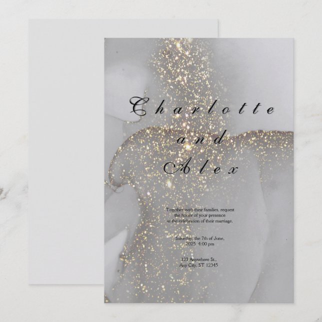 Gray Glitter Elegant  Ink Wedding Invitation Einladung (Vorne/Hinten)