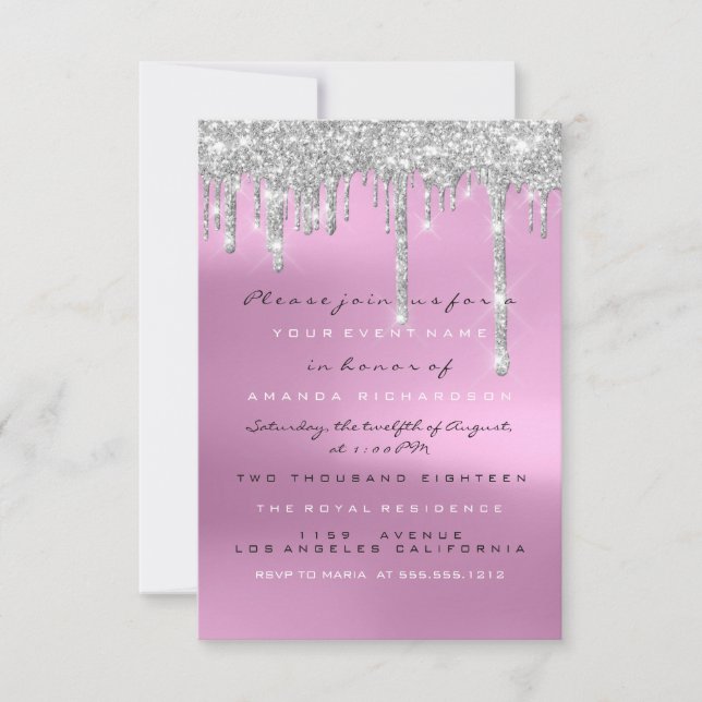 Gray Glitzer Tropfen Silver Pink Bridal Sweet 16. Einladung (Vorderseite)