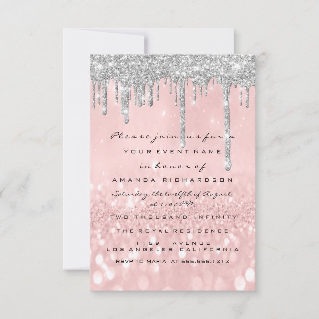 Gray Glitzer Tropfen Silver Rose Bridal Sweet 16. Einladung (Vorderseite)