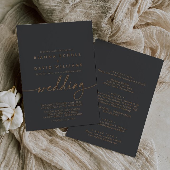Gray Gold Classic Front & Back Wedding Einladung (Von Creator hochgeladen)