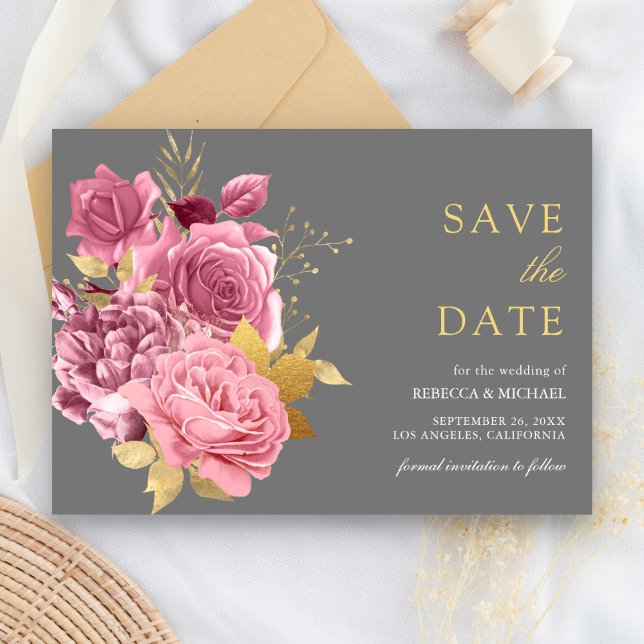 Gray Gold Dusty Mauve Pink Floral Wedding Save The Date (Von Creator hochgeladen)