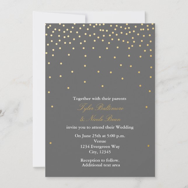 Gray & Gold Foil Dots Moderne Hochzeitseinladung Einladung (Vorderseite)