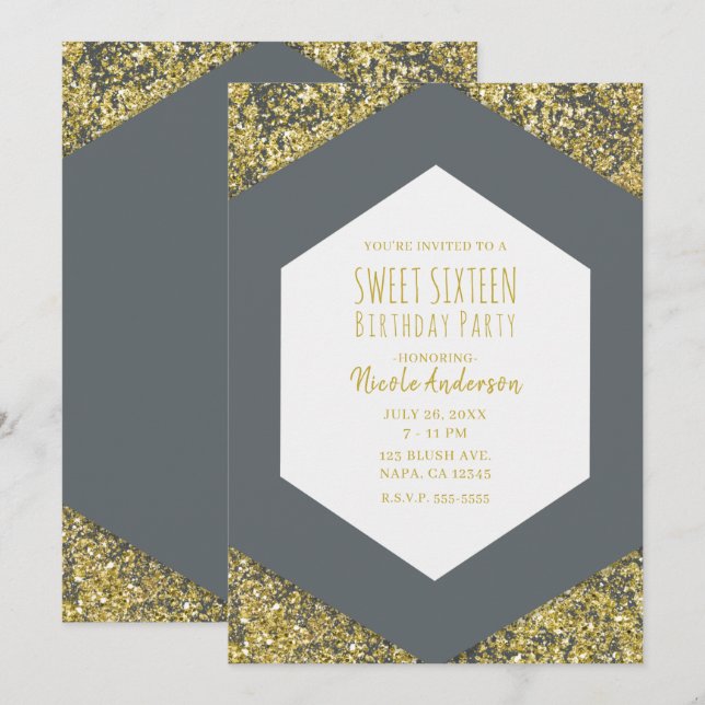 Gray & Gold Glitzer Flakes Glam Sweet 16 Party Einladung (Vorne/Hinten)