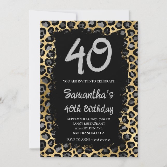 Gray Gold Leopard Painted Black 40. Geburtstag Einladung (Vorderseite)