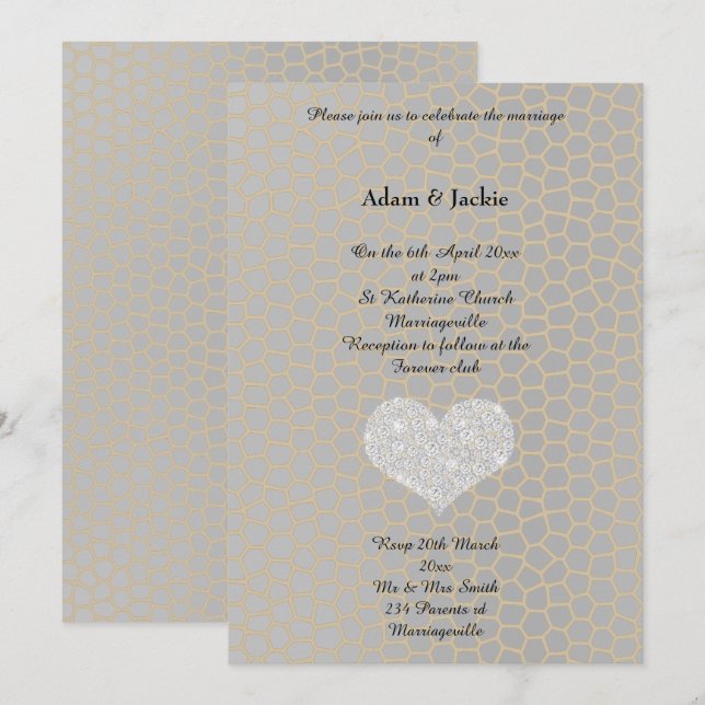 Gray Gold Leopard Print Diamond Heart Wedding Einladung (Vorne/Hinten)
