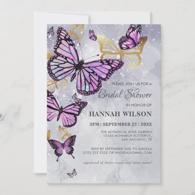 Gray Gold Lila Butterfly Elegantes Brautparty Einladung (Vorderseite)