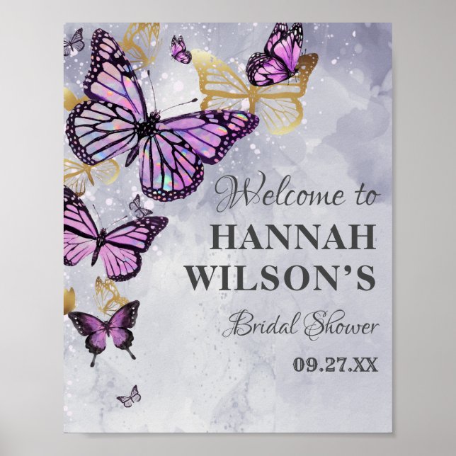 Gray Gold Lila Butterfly Elegantes Brautparty Poster (Vorne)