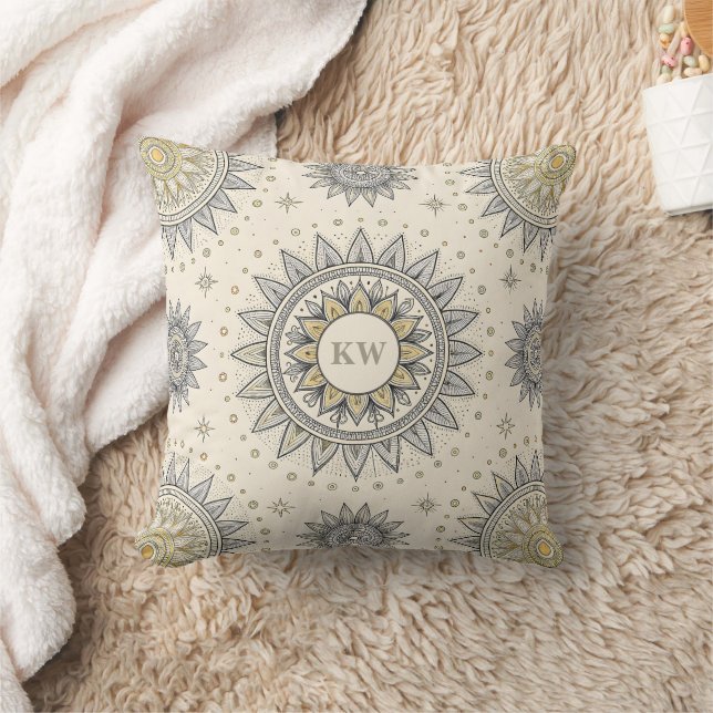 Gray Gold Mandala Pattern Monogram Kissen (Decke)