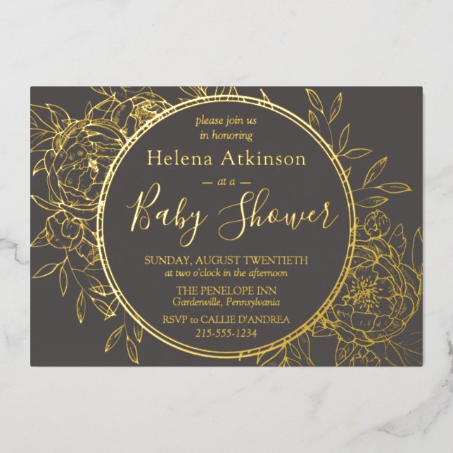 Gray & Gold Moderne Peony Toile Baby Dusche Folieneinladung (Vorderseite)