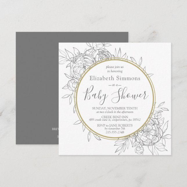 Gray & Gold Peony Modern Floral Toile Baby Dusche Einladung (Vorne/Hinten)