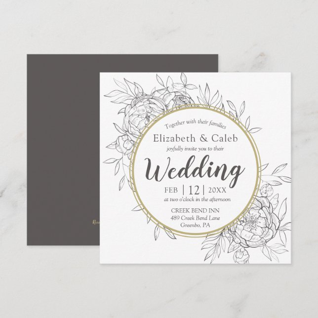Gray & Gold Peony Modern Floral Toile Hochzeit Einladung (Vorne/Hinten)