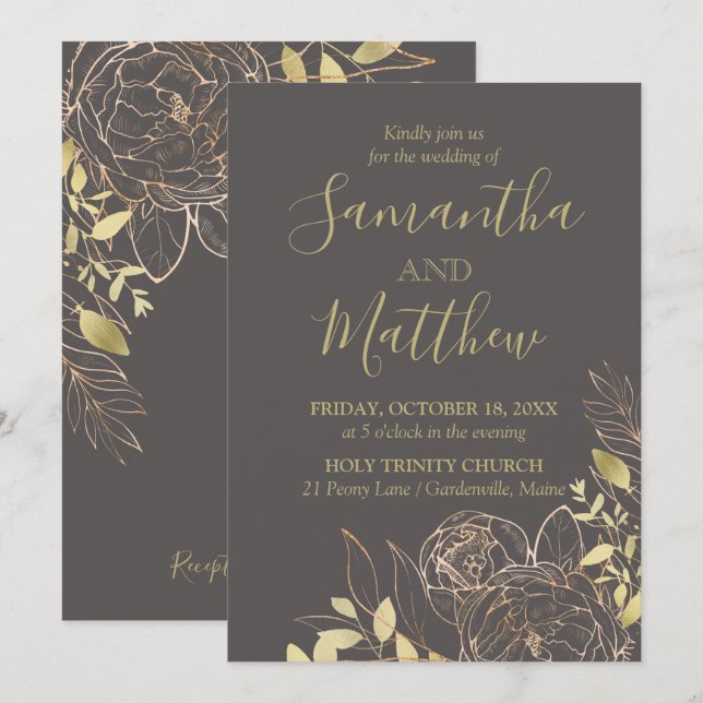 Gray & Gold Peony Moderne blumenreiche Hochzeit Ei Einladung (Vorne/Hinten)