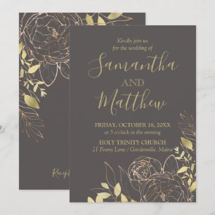 Gray & Gold Peony Moderne blumenreiche Hochzeit Ei Einladung