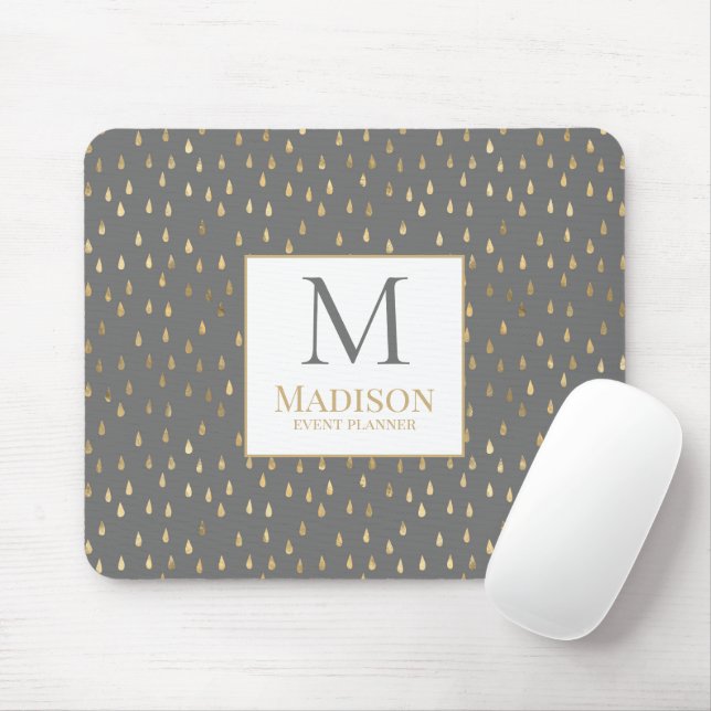 Gray Gold Raindrop Modern Trendy Monogram Mousepad (Mit Mouse)