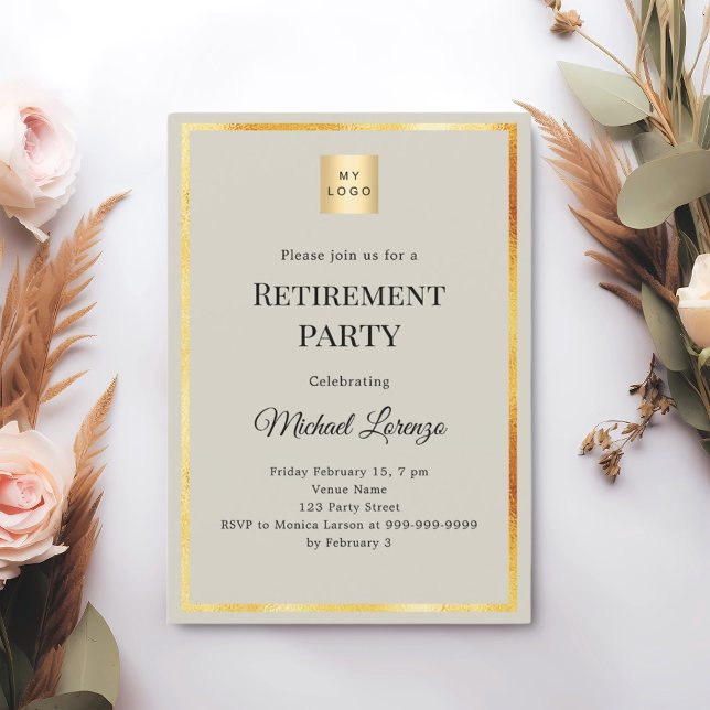 Gray gold retirement party business logo einladung (Von Creator hochgeladen)