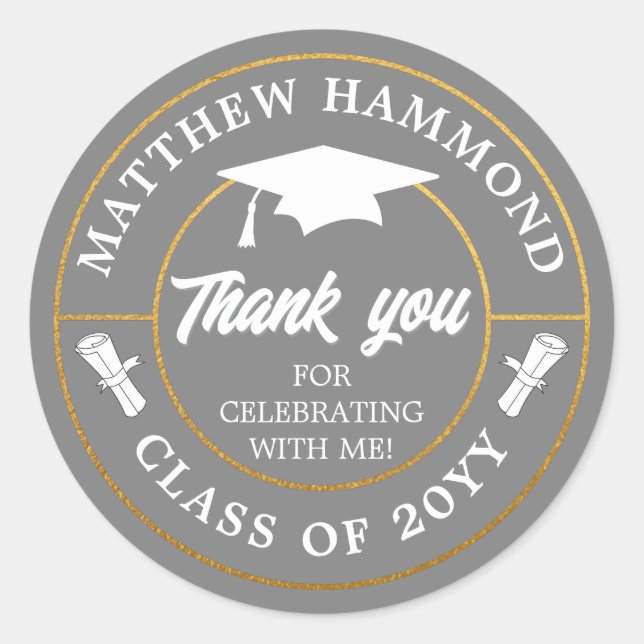 Gray Graduating Class Thank You Grad Cap Runder Aufkleber (Vorderseite)